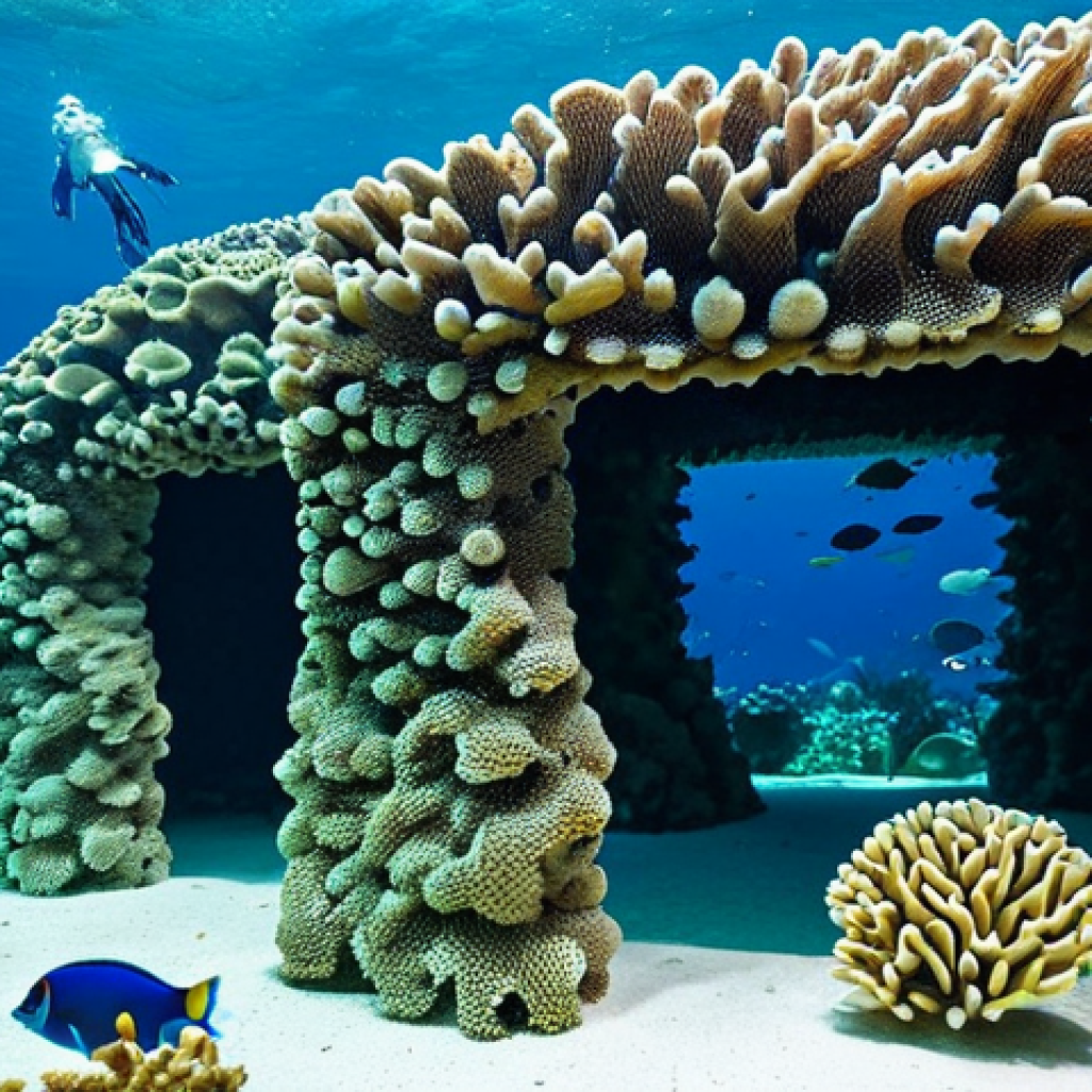 **

"A team of marine biologists, fully clothed in appropriate research attire, are deploying a 3D-printed artificial coral reef structure into a vibrant coral ecosystem. The structure is made of a light-colored, porous biomaterial. Various colorful fish and other sea creatures swim around the new structure. Safe for work, professional, appropriate content, perfect anatomy, natural proportions, underwater photography, high quality, modest clothing, family-friendly."

**