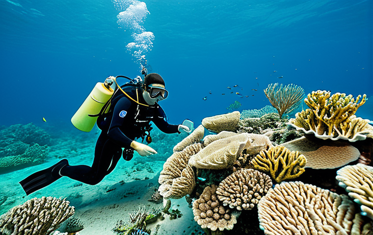 Coral Restoration**

"Underwater scene depicting coral restoration efforts in Nha Trang, Vietnam. Scientists and volunteers are planting coral fragments in a coral nursery. Divers are carefully attaching coral to artificial reefs. Clear turquoise water, vibrant coral colors, diverse marine life. safe for work, appropriate content, fully clothed divers, perfect anatomy, natural proportions, professional, family-friendly."

**