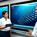 Sustainable Fisheries Management**

"A diverse team of marine biologists and fisheries managers, fully clothed in professional attire, examining data on a large touchscreen showing fish population trends. Background: A modern marine research facility with views of the ocean. Safe for work, appropriate content, perfect anatomy, natural proportions, professional, educational illustration."

**
